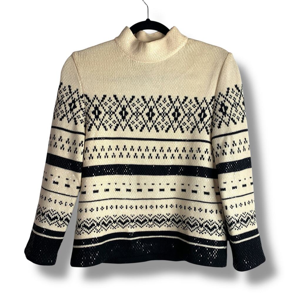 St John Sweater Mock Neck Nordic Knit Sequin Apres Ski Size P Sz 2 Ivory Black